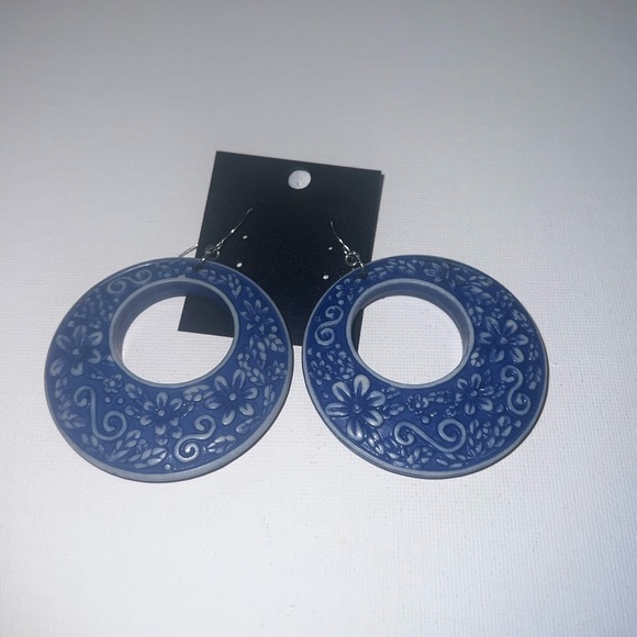 Jewelry - ♦️ Blue Floral Hoops Drop Earrings; Large Blue Dangle Earrings; Used